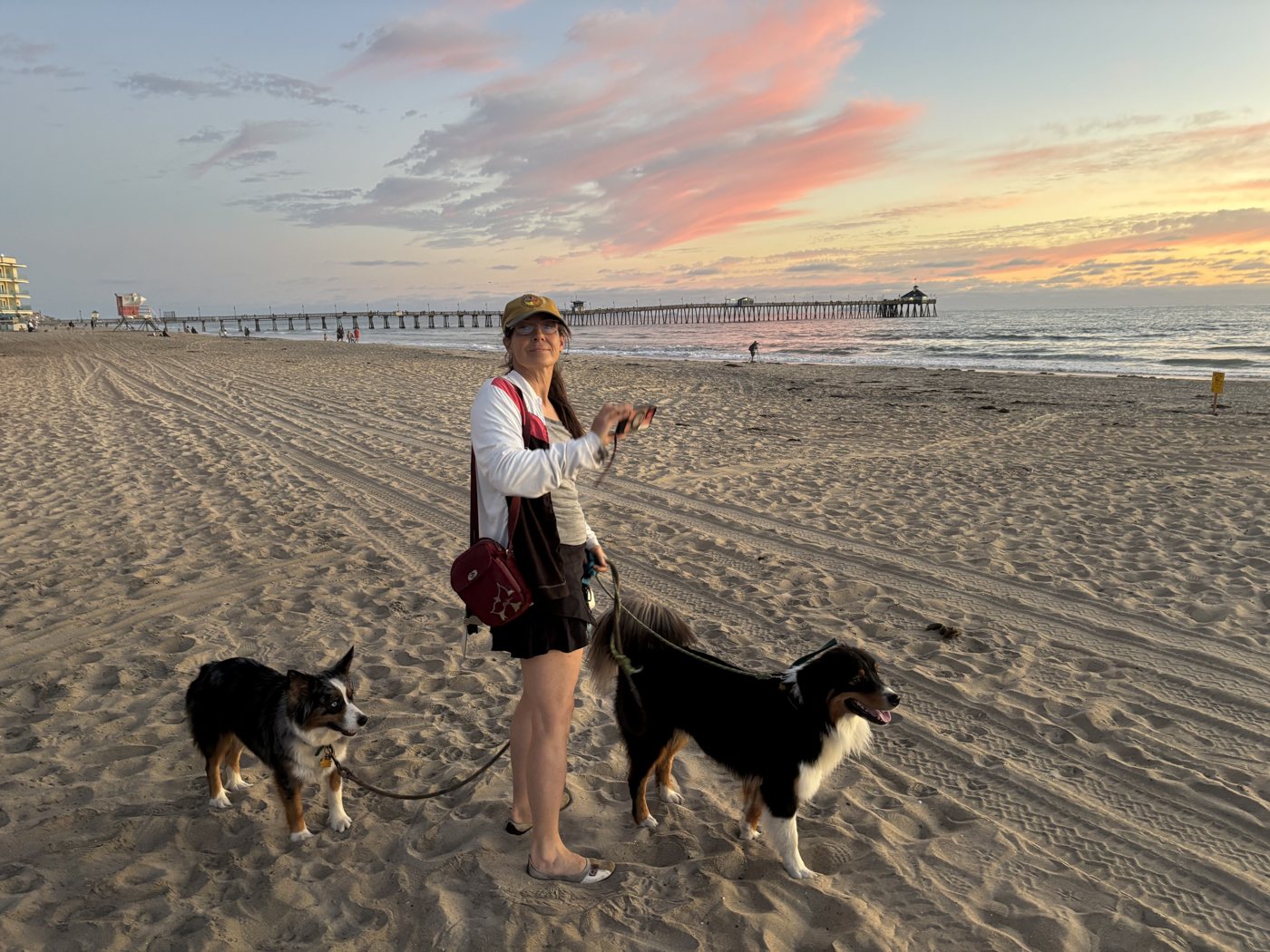 Juliette with her Australian shepherds at sunset