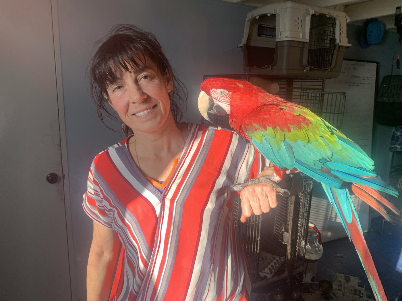 Juliette with Sparky, a rescued scarlet macaw